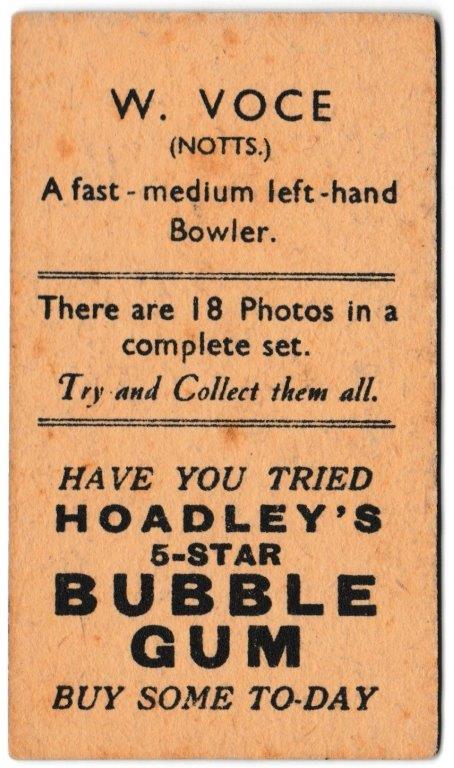 Hoadley Chocolates - 'Cricketers (Brown)' (1933) - W. Voce (Nottinghamshire) Hoadley Chocolates - 'Cricketers (Brown)' (1933) - W. Voce (Nottinghamshire)