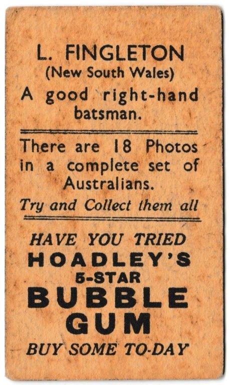 Hoadley Chocolates - 'Cricketers (Brown)' (1933) - Card #2 - L. Fingleton (New South Wales) Hoadley Chocolates - 'Cricketers (Brown)' (1933) - Card #2 - L. Fingleton (New South Wales)