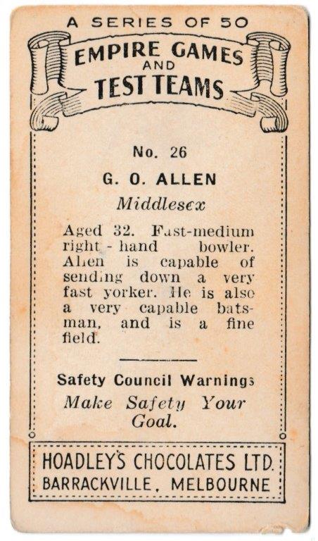 Hoadley Chocolates - 'Empire Games & Test Teams' (1934) - Card #26 - G.O. Allen (Middlesex) Hoadley Chocolates - 'Empire Games & Test Teams' (1934) - Card #26 - G.O. Allen (Middlesex)
