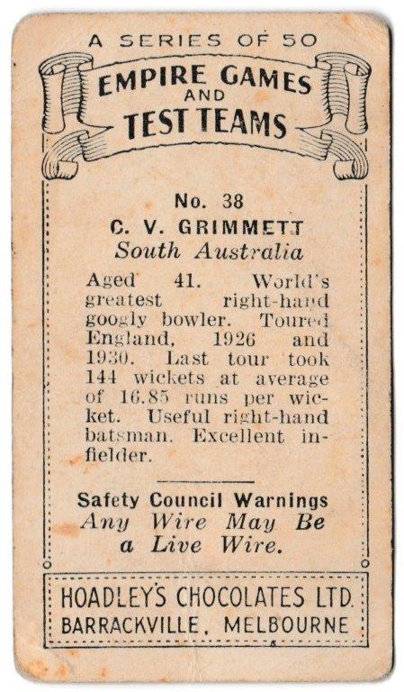 Hoadley Chocolates - 'Empire Games & Test Teams' (1934) - Card #38 - C.V. Grimmett (South Australia) Hoadley Chocolates - 'Empire Games & Test Teams' (1934) - Card #38 - C.V. Grimmett (South Australia)