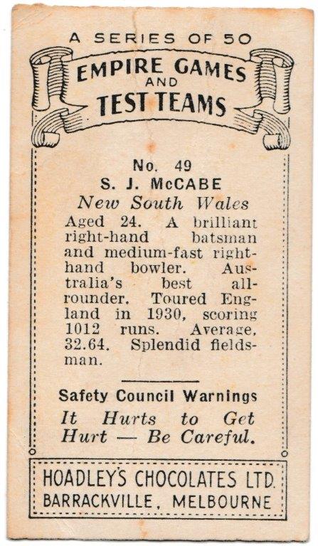 Hoadley Chocolates - 'Empire Games & Test Teams' (1934) - Card #49 - S.J. McCabe (New South Wales) Hoadley Chocolates - 'Empire Games & Test Teams' (1934) - Card #49 - S.J. McCabe (New South Wales)
