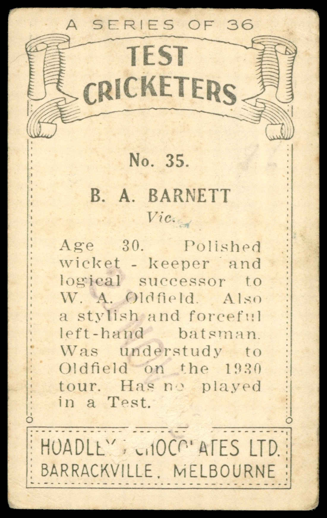Hoadley Chocolates - 'Test Cricketers' (1938) - B.A. Barnett (Victoria) Hoadley Chocolates - 'Test Cricketers' (1938) - B.A. Barnett (Victoria)