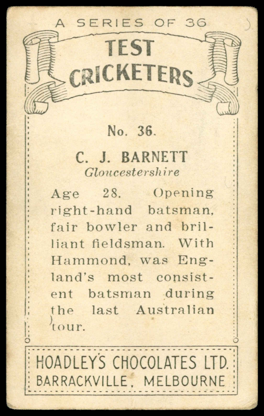 Hoadley Chocolates - 'Test Cricketers' (1938) - C.J. Barnett (Gocs) Hoadley Chocolates - 'Test Cricketers' (1938) - C.J. Barnett (Gocs)