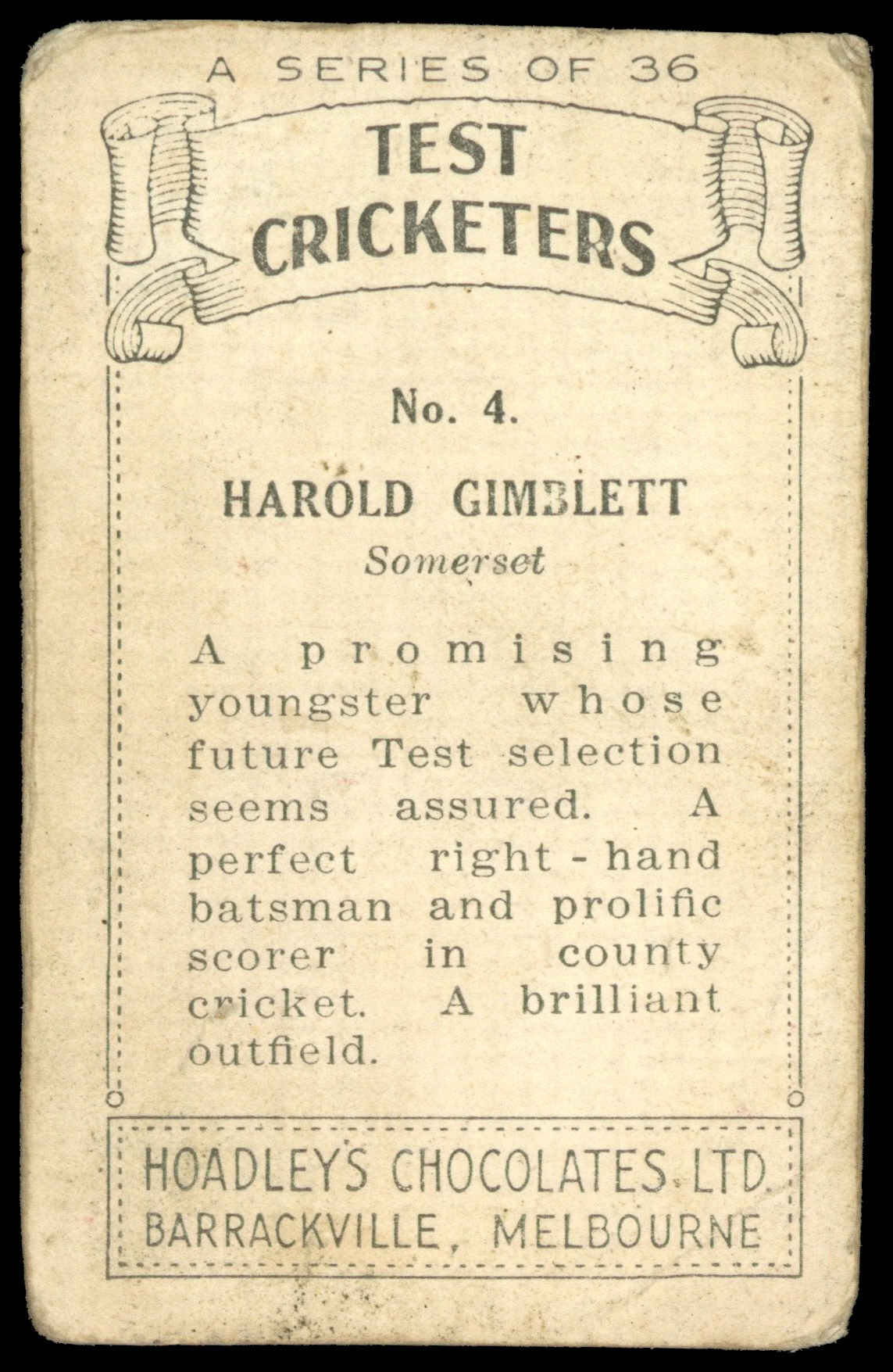 Hoadley Chocolates - 'Test Cricketers' (1938) - Harold Gimblett (Somerset) Hoadley Chocolates - 'Test Cricketers' (1938) - Harold Gimblett (Somerset)
