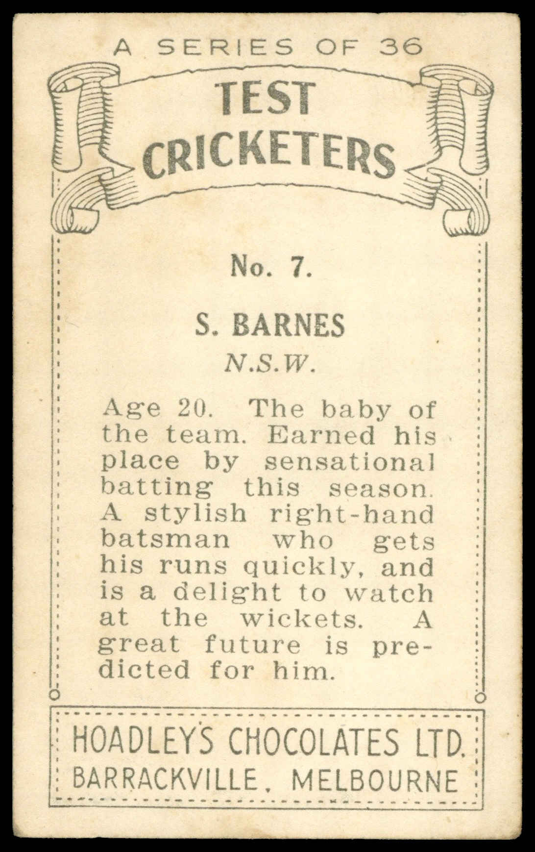 Hoadley Chocolates - 'Test Cricketers' (1938) - S. Barnes (New South Wales) Hoadley Chocolates - 'Test Cricketers' (1938) - S. Barnes (New South Wales)