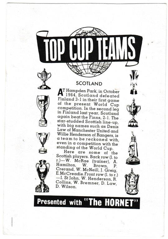 Hornet - 'Top Cup Teams' (1964) - Card #9 - Scotland Hornet - 'Top Cup Teams' (1964) - Card #9 - Scotland
