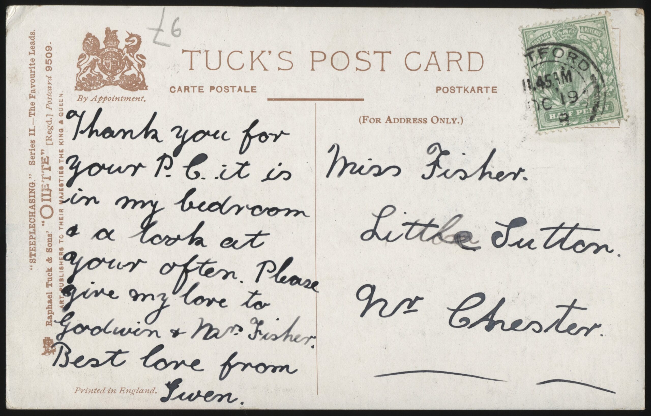 Tuck's - 'Steeplechasing The Favourite Leads #9509' (1908) - Used Horse Racing Postcard Tuck's - 'Steeplechasing The Favourite Leads #9509' (1908) - Used Horse Racing Postcard
