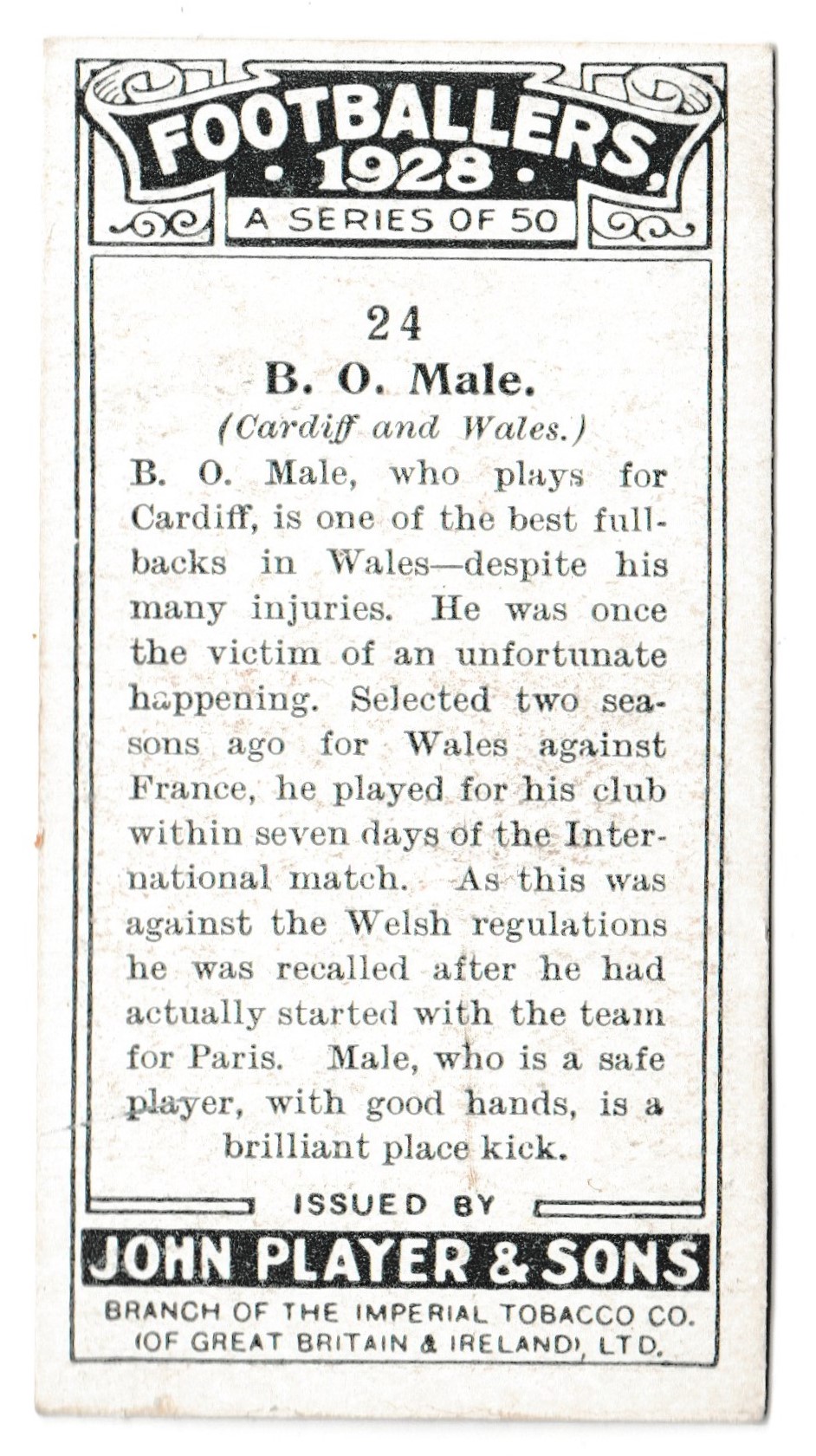 Player (John) - 'Footballers 1928' (1928) - Card #24 - B.O. Male (Wales) Player (John) - 'Footballers 1928' (1928) - Card #24 - B.O. Male (Wales)