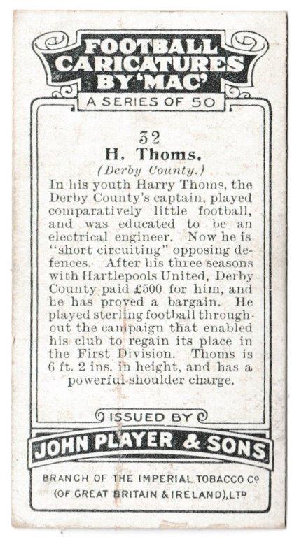 Player (John) - 'Football Caricatures by "Mac"' (1927) - Card #32 - H. Thoms (Derby County) Player (John) - 'Football Caricatures by "Mac"' (1927) - Card #32 - H. Thoms (Derby County)
