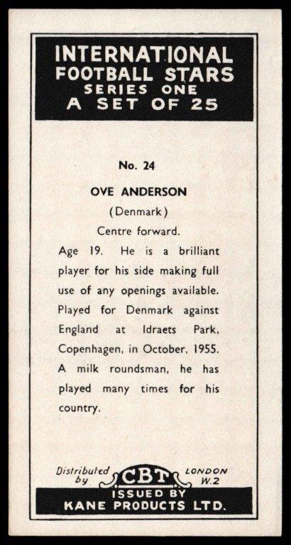 Kane - 'International Football Stars' (1957) - Card #24 - Over Anderson (Denmark) Kane - 'International Football Stars' (1957) - Card #24 - Over Anderson (Denmark)