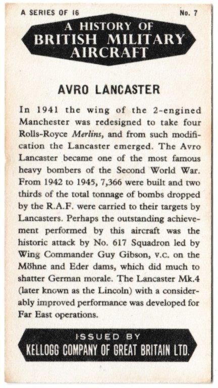 Kellogg's - 'History of British Military Aircraft' (1963) - Card #7 - Avro Lancaster Kellogg's - 'History of British Military Aircraft' (1963) - Card #7 - Avro Lancaster