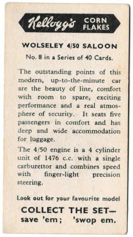 Kellogg's - 'Motor Cars (Colour)' (1949) - Card #8 - Wolseley 4/50 Saloon Kellogg's - 'Motor Cars (Colour)' (1949) - Card #8 - Wolseley 4/50 Saloon
