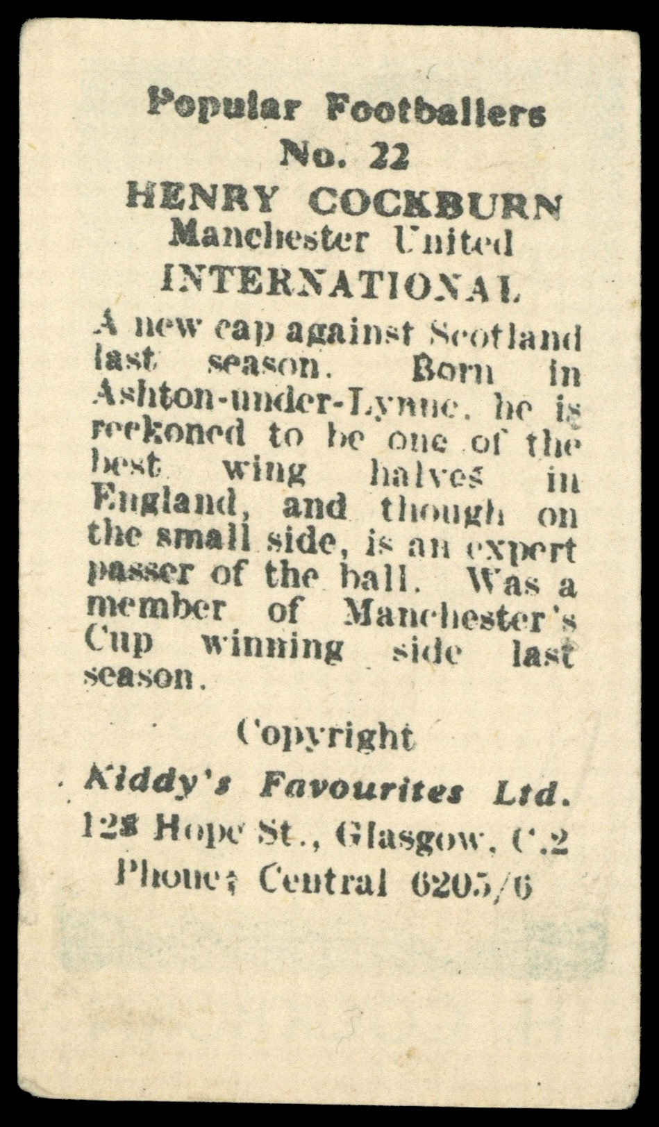 Kiddys - 'Popular Footballers' (c1950) - H. Cockburn (Manchester United) Kiddys - 'Popular Footballers' (c1950) - H. Cockburn (Manchester United)