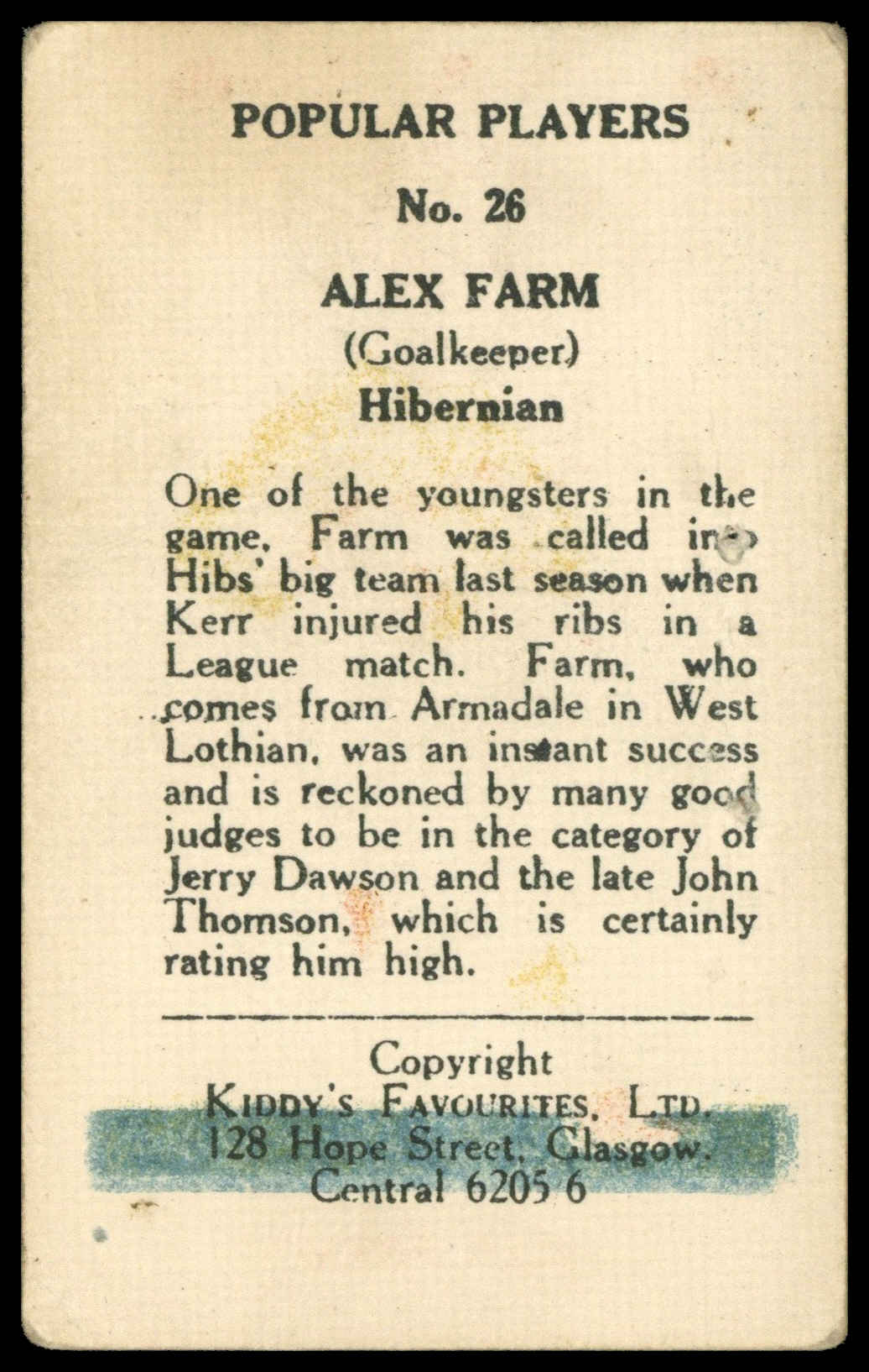 Kiddys - 'Popular Players' (1948) - A. Farm (Hibernian) Kiddys - 'Popular Players' (1948) - A. Farm (Hibernian)