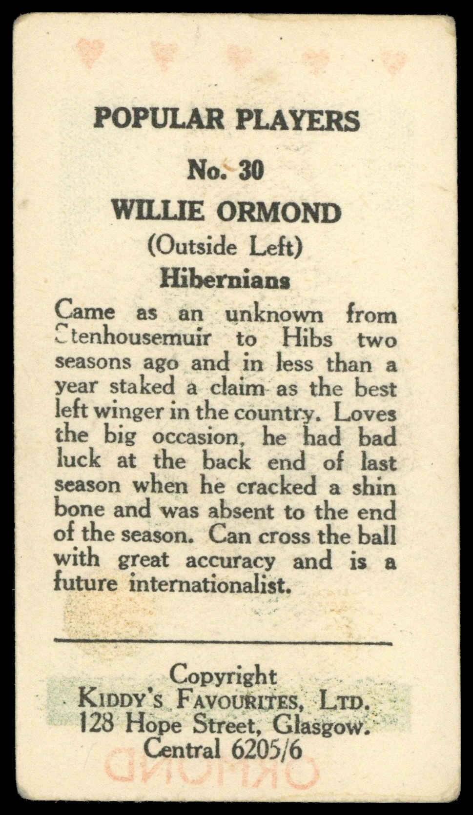 Kiddys - 'Popular Players (Hearts)' (1948) - Ormond (Hibs) Kiddys - 'Popular Players (Hearts)' (1948) - Ormond (Hibs)