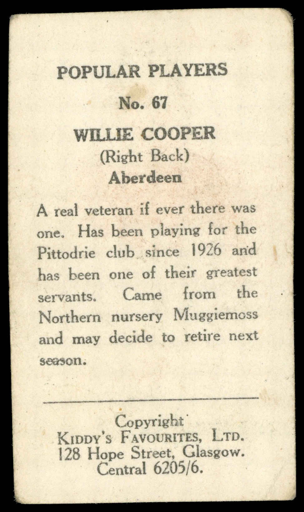 Kiddys - 'Popular Players (Hearts)' (1948) - W. Cooper (Aberdeen) Kiddys - 'Popular Players (Hearts)' (1948) - W. Cooper (Aberdeen)