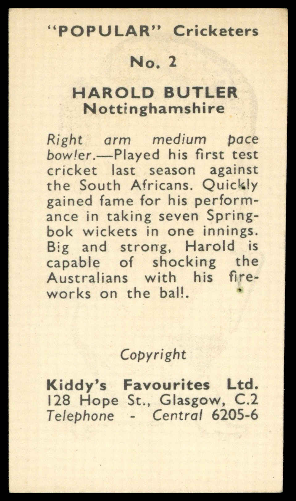 Kiddys - 'Popular Cricketers' (1948) - Harold Butler (Notts) Kiddys - 'Popular Cricketers' (1948) - Harold Butler (Notts)