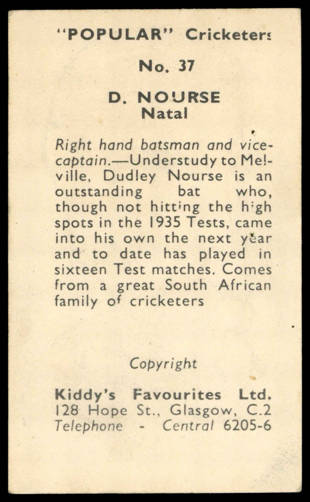 Kiddys - 'Popular Cricketers' (1948) - D. Nourse (Natal) Kiddys - 'Popular Cricketers' (1948) - D. Nourse (Natal)