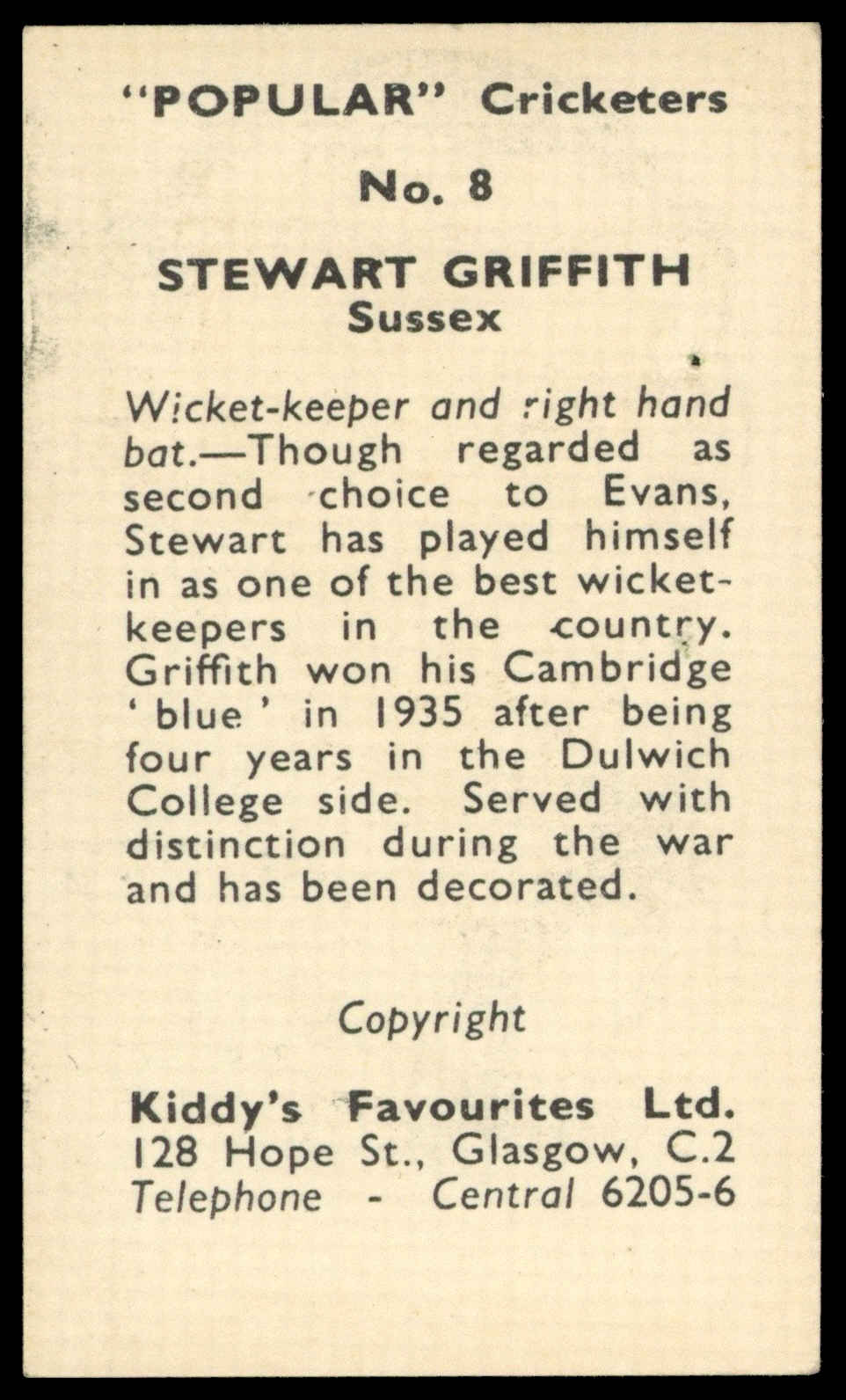 Kiddys - 'Popular Cricketers' (1948) - Stewart Griffith (Sussex) Kiddys - 'Popular Cricketers' (1948) - Stewart Griffith (Sussex)