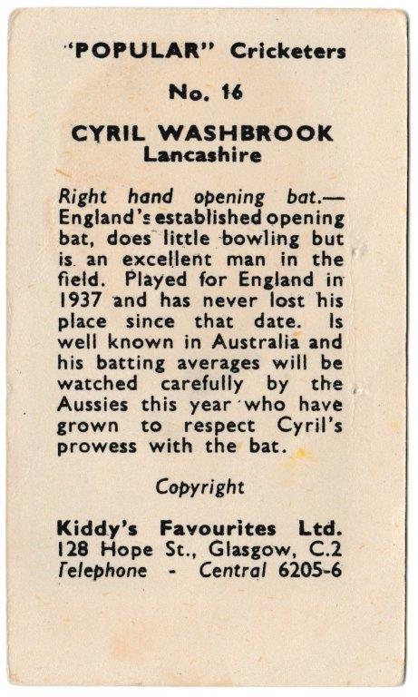 Kiddys - 'Popular Cricketers' (1948) - Cyril Washborook (Lancashire) Kiddys - 'Popular Cricketers' (1948) - Cyril Washborook (Lancashire)
