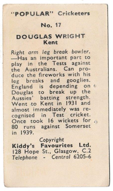 Kiddys - 'Popular Cricketers' (1948) - Douglas Wright (Kent) Kiddys - 'Popular Cricketers' (1948) - Douglas Wright (Kent)