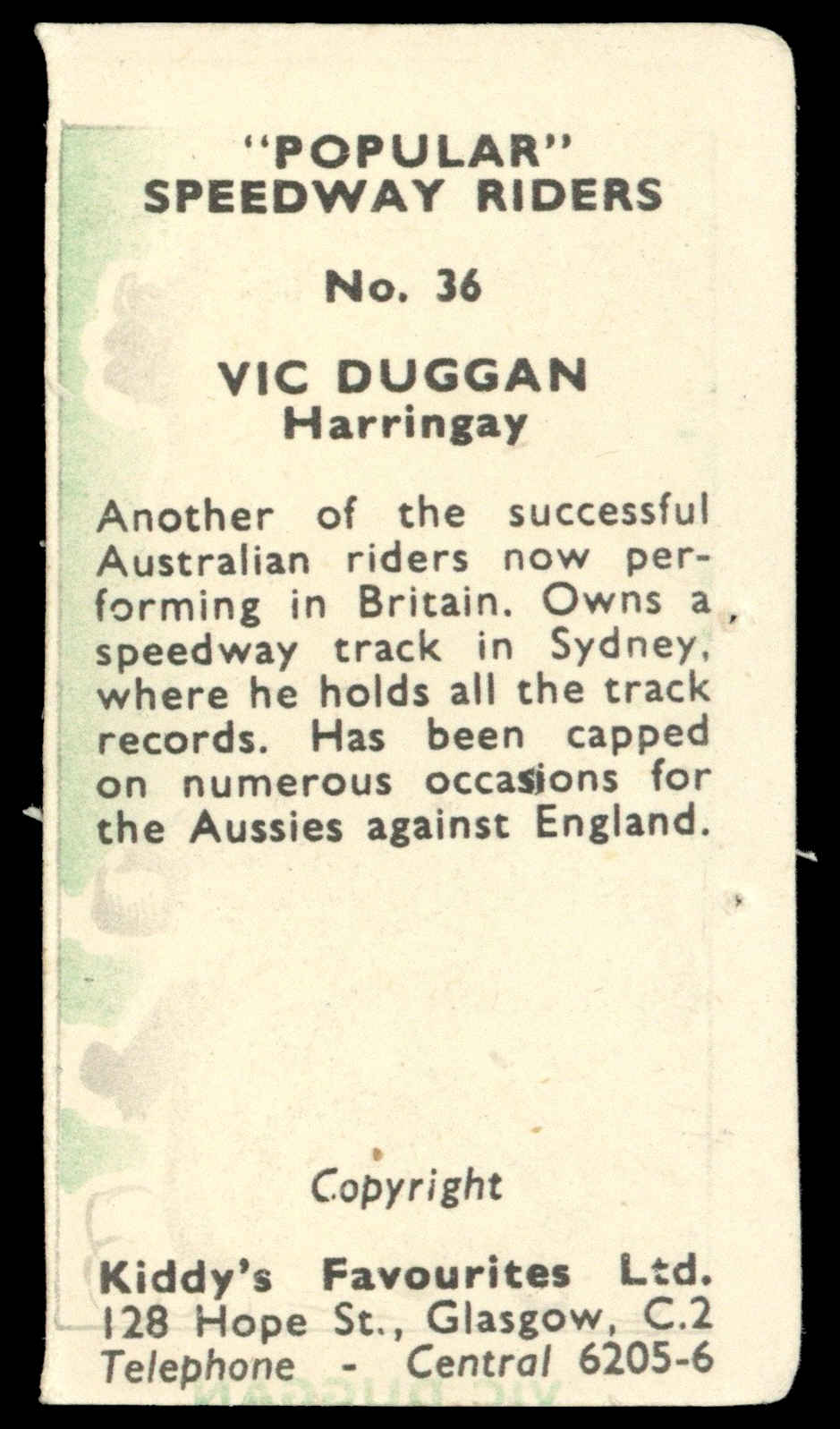 Kiddys - 'Popular Speedway Riders' (c1950) - #36 - Vic Duggan (Harringay) Kiddys - 'Popular Speedway Riders' (c1950) - #36 - Vic Duggan (Harringay)