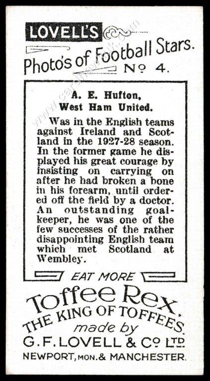 Lovell's - 'Photos of Football Stars' (1928) - A.E. Hufton (West Ham) Lovell's - 'Photos of Football Stars' (1928) - A.E. Hufton (West Ham)