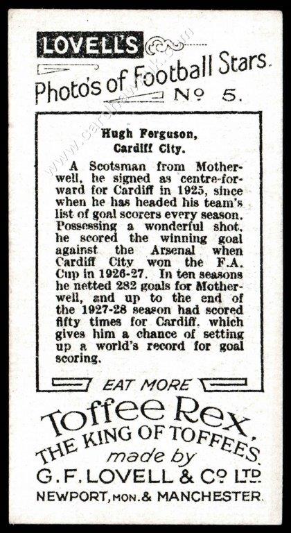 Lovell's - 'Photos of Football Stars' (1928) - Hugh Ferguson (Cardiff City) Lovell's - 'Photos of Football Stars' (1928) - Hugh Ferguson (Cardiff City)