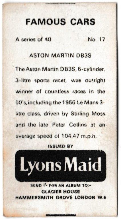 Lyons Maid - 'Famous Cars' (1966) - Card #17 - Aston Martin DBS3 Lyons Maid - 'Famous Cars' (1966) - Card #17 - Aston Martin DBS3
