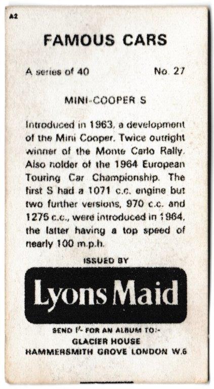 Lyons Maid - 'Famous Cars' (1966) - Card #27 - Mini-Cooper S Lyons Maid - 'Famous Cars' (1966) - Card #27 - Mini-Cooper S