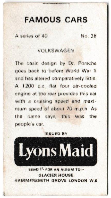 Lyons Maid - 'Famous Cars' (1966) - Card #28 - Volkswagen Lyons Maid - 'Famous Cars' (1966) - Card #28 - Volkswagen
