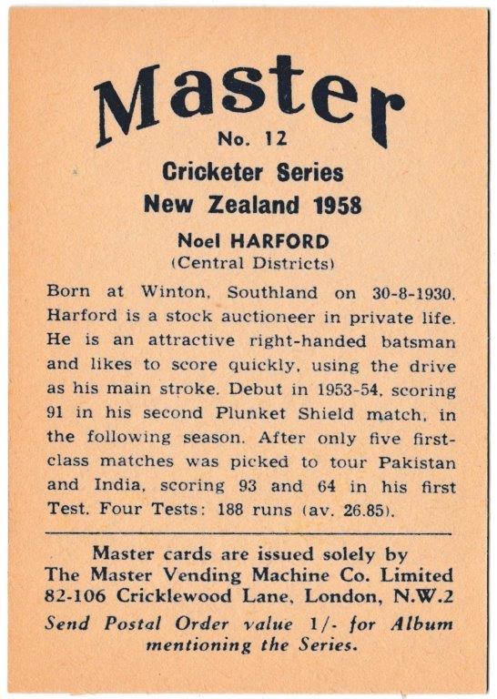 Master Vending - 'Cricketer Series' (1958) - Card #12 - Noel Harford (Central Districts) Master Vending - 'Cricketer Series' (1958) - Card #12 - Noel Harford (Central Districts)