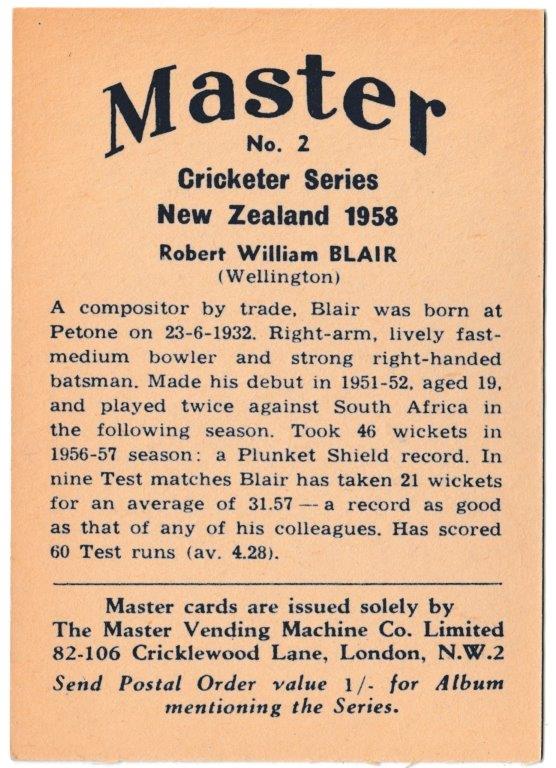 Master Vending - 'Cricketer Series' (1958) - Card #2 - Robert William Blair (Wellington) Master Vending - 'Cricketer Series' (1958) - Card #2 - Robert William Blair (Wellington)