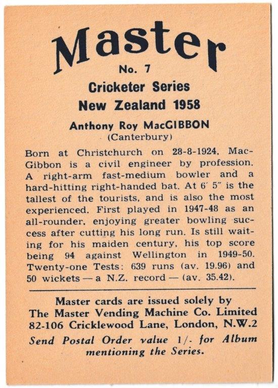 Master Vending - 'Cricketer Series' (1958) - Card #7 - Anthony MacGibbon (Canterbury) Master Vending - 'Cricketer Series' (1958) - Card #7 - Anthony MacGibbon (Canterbury)