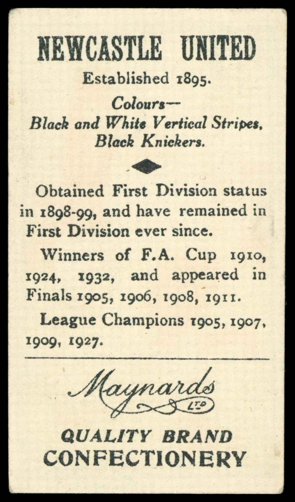 Maynards - 'Football Clubs' (1933) - Newcastle United Maynards - 'Football Clubs' (1933) - Newcastle United