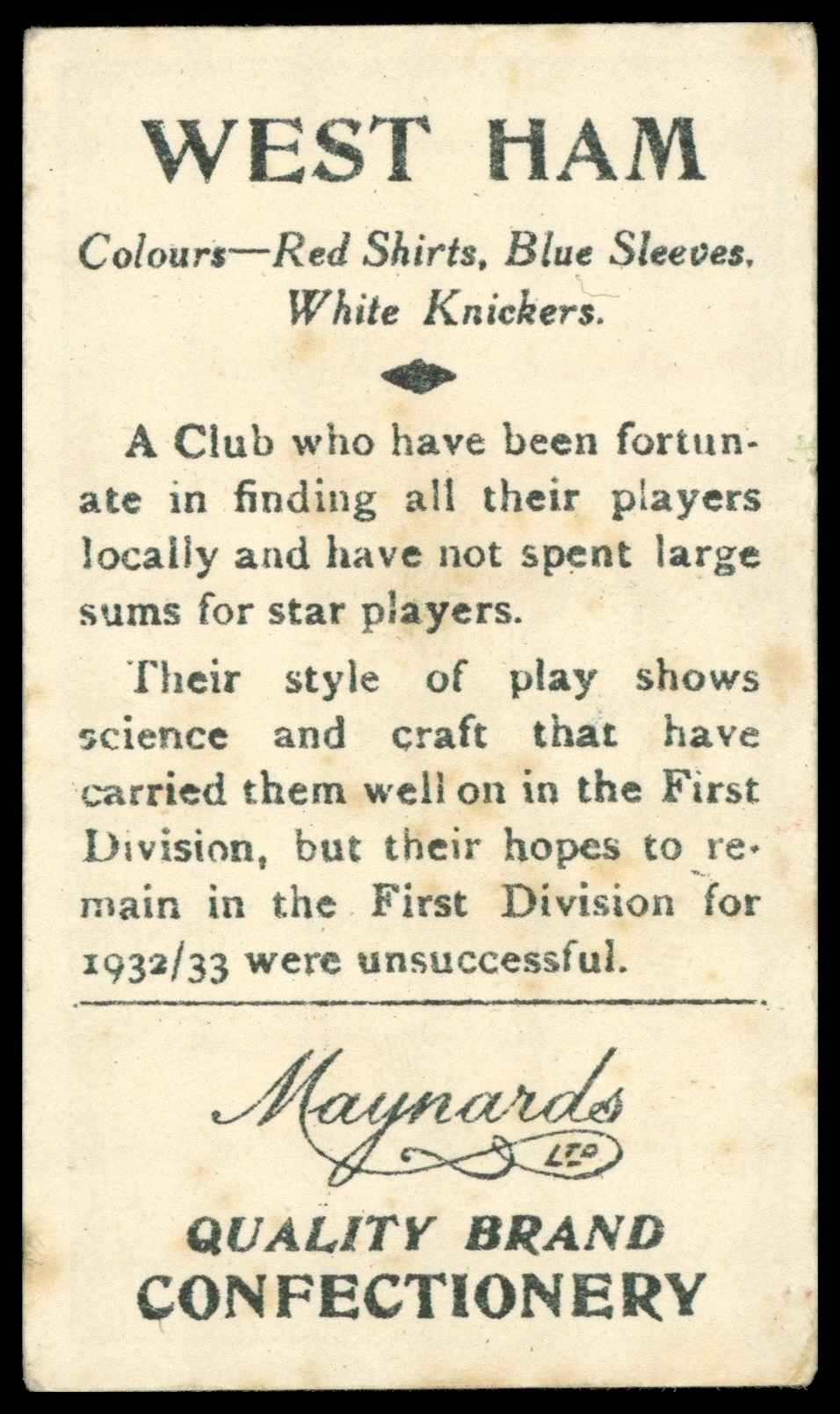 Maynards - 'Football Clubs' (1933) - West Ham United Maynards - 'Football Clubs' (1933) - West Ham United