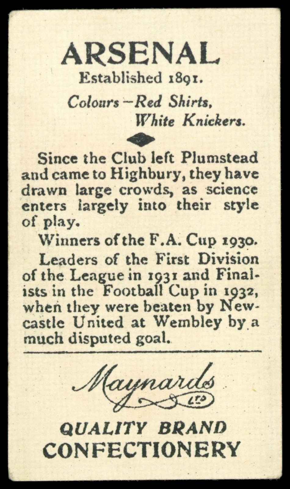 Maynards - 'Football Clubs' (1933) - Arsenal Maynards - 'Football Clubs' (1933) - Arsenal