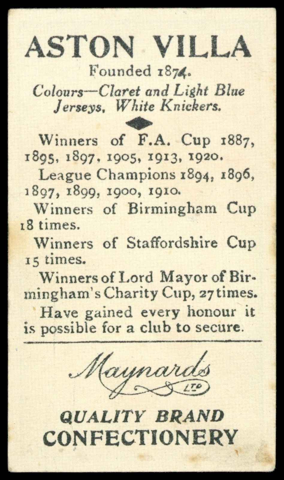 Maynards - 'Football Clubs' (1933) - Aston Villa Maynards - 'Football Clubs' (1933) - Aston Villa