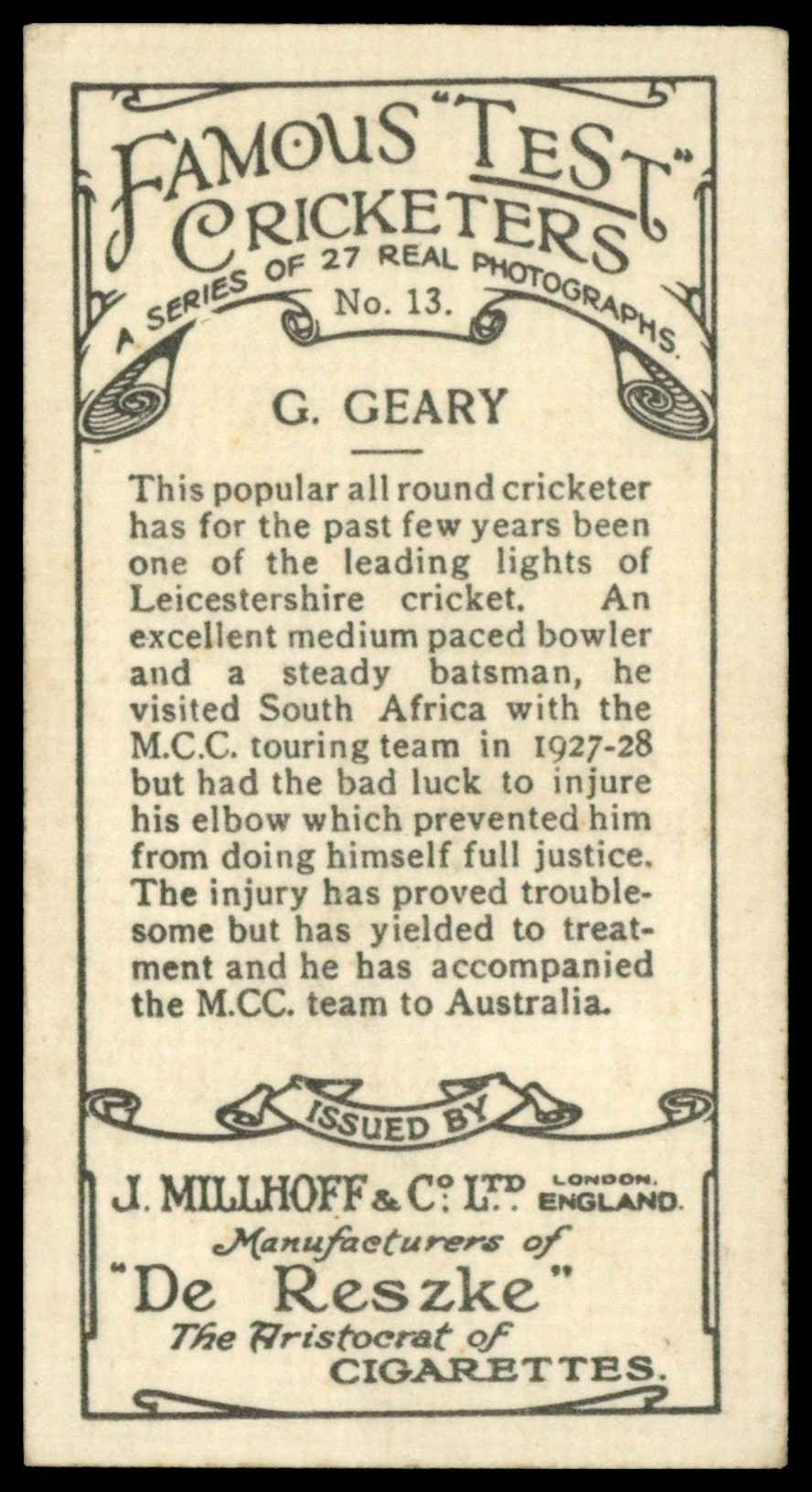 Millhoff - G. Geary (Leicestershire) - 'Famous Test Cricketers' (1928) Millhoff - G. Geary (Leicestershire) - 'Famous Test Cricketers' (1928)
