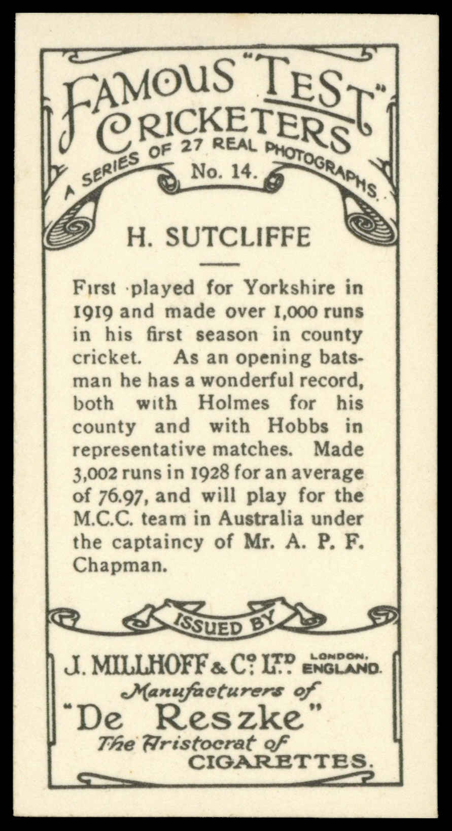 Millhoff - H. Sutcliffe (Yorkshire) - 'Famous Test Cricketers' (1928) Millhoff - H. Sutcliffe (Yorkshire) - 'Famous Test Cricketers' (1928)