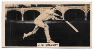 Millhoff - 'Famous Test Cricketers' (1928) - Card #1 - J.M. Gregory (New South Wales) Millhoff - 'Famous Test Cricketers' (1928) - Card #1 - J.M. Gregory (New South Wales)