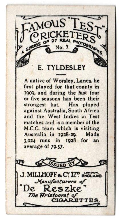 Millhoff - 'Famous Test Cricketers' (1928) - Card #7 - E. Tyldesley (Lancashire) Millhoff - 'Famous Test Cricketers' (1928) - Card #7 - E. Tyldesley (Lancashire)