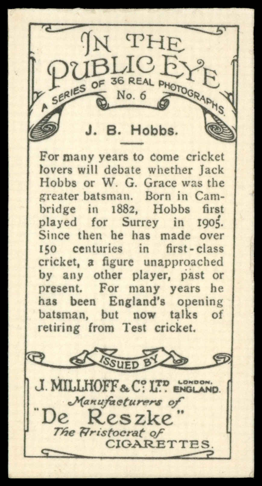 Millhoff - 'In The Public Eye' - J.B. Hobbs (Surrey) (1930) Millhoff - 'In The Public Eye' - J.B. Hobbs (Surrey) (1930)
