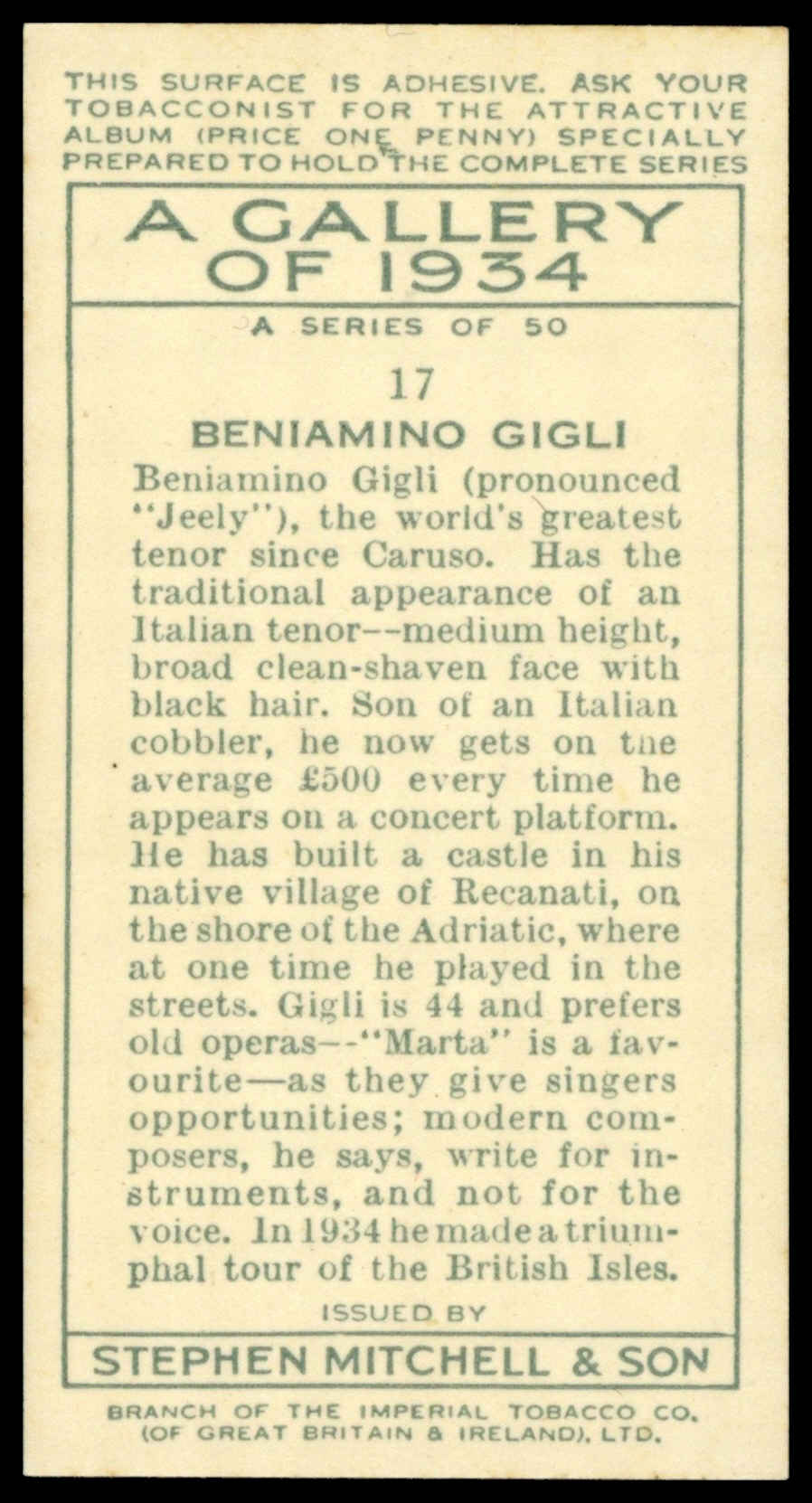 Mitchell - 'A Gallery of 1934' (1935) - Beniamino Gigli Mitchell - 'A Gallery of 1934' (1935) - Beniamino Gigli