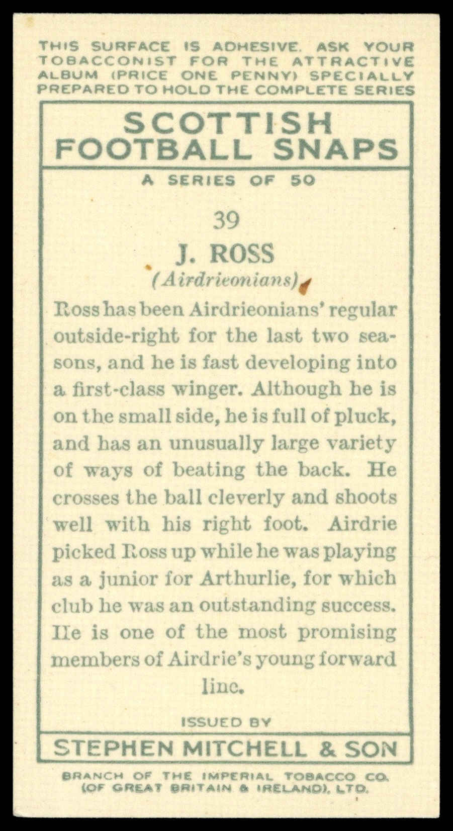 Mitchell - 'Scottish Football Snaps' (1935) - #39 - J. Ross (Airdrieonians) Mitchell - 'Scottish Football Snaps' (1935) - #39 - J. Ross (Airdrieonians)