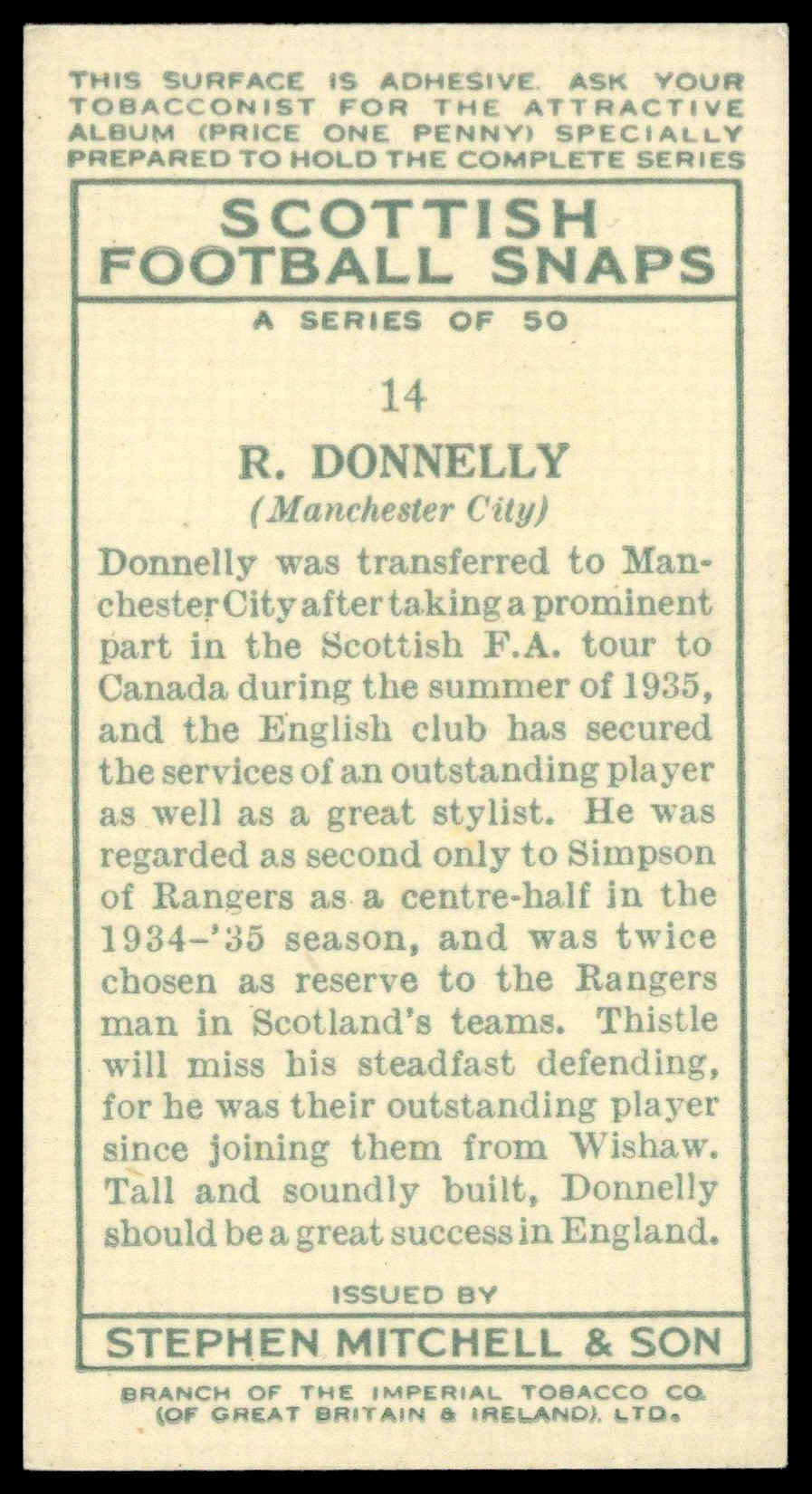 Mitchell - 'Scottish Football Snaps' (1935) - R. Donnelly (Manchester City) Mitchell - 'Scottish Football Snaps' (1935) - R. Donnelly (Manchester City)