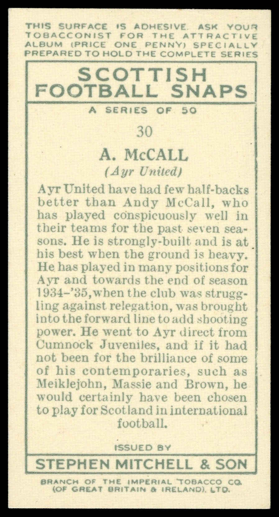 Mitchell - 'Scottish Football Snaps' (1935) - A. McCall (Ayr United) Mitchell - 'Scottish Football Snaps' (1935) - A. McCall (Ayr United)