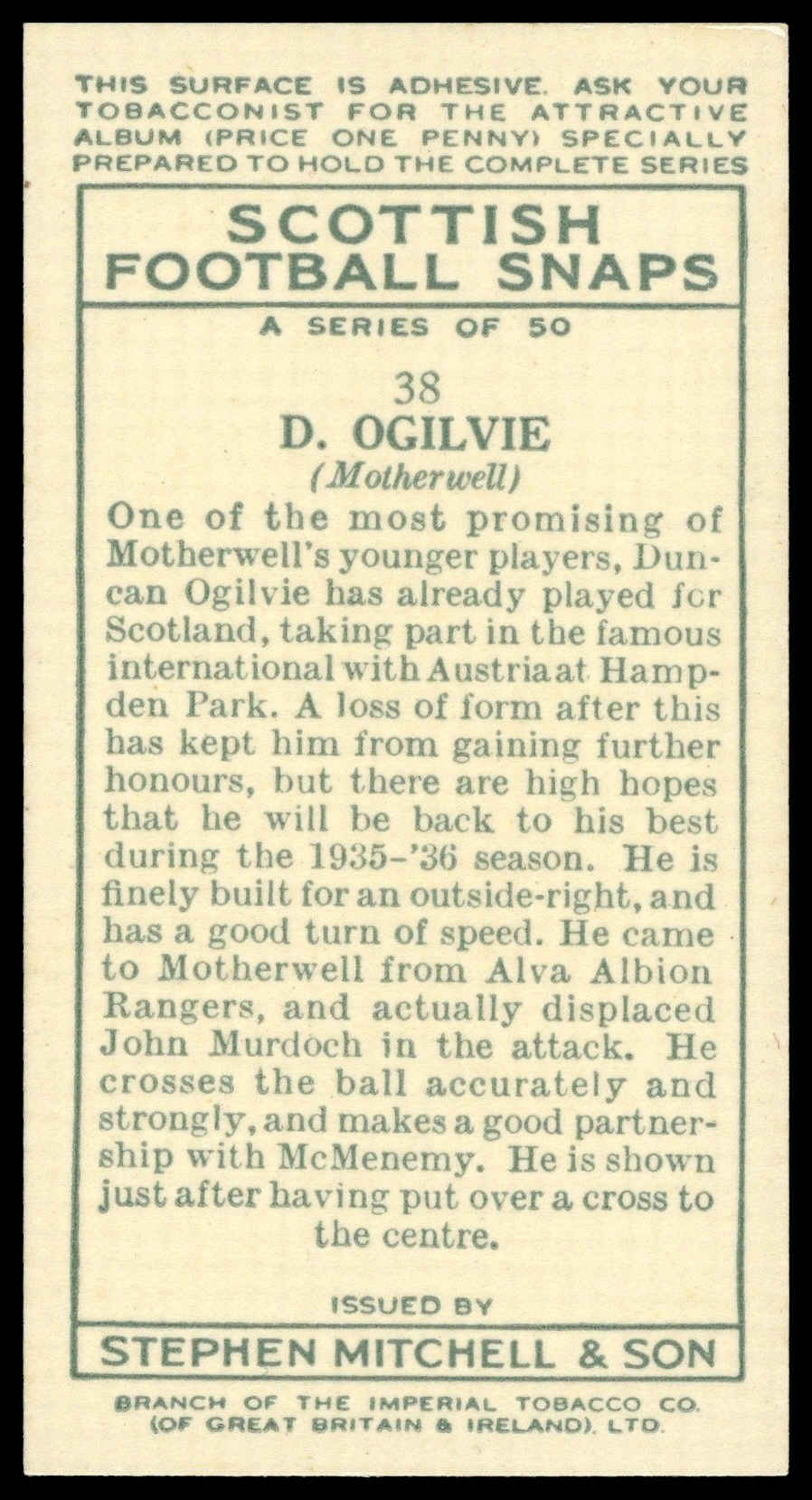 Mitchell - 'Scottish Football Snaps' (1935) - D. Ogilvie (Motherwell) Mitchell - 'Scottish Football Snaps' (1935) - D. Ogilvie (Motherwell)