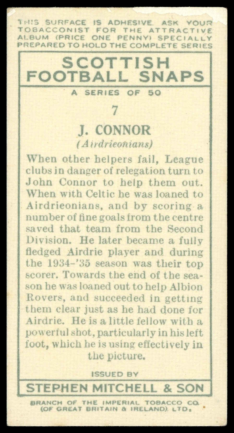 Mitchell - 'Scottish Football Snaps' (1935) - J. Connor (Airdrieonians) Mitchell - 'Scottish Football Snaps' (1935) - J. Connor (Airdrieonians)