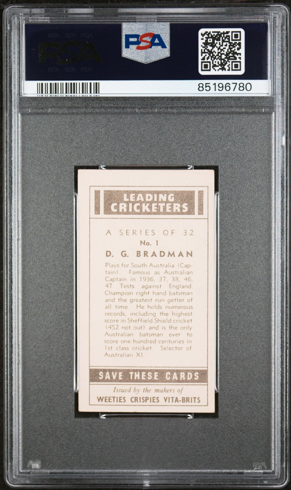 Nabisco - Don Bradman (South Australia) 'Leading Cricketers' (1948) **PSA2** Nabisco - Don Bradman (South Australia) 'Leading Cricketers' (1948) **PSA2**